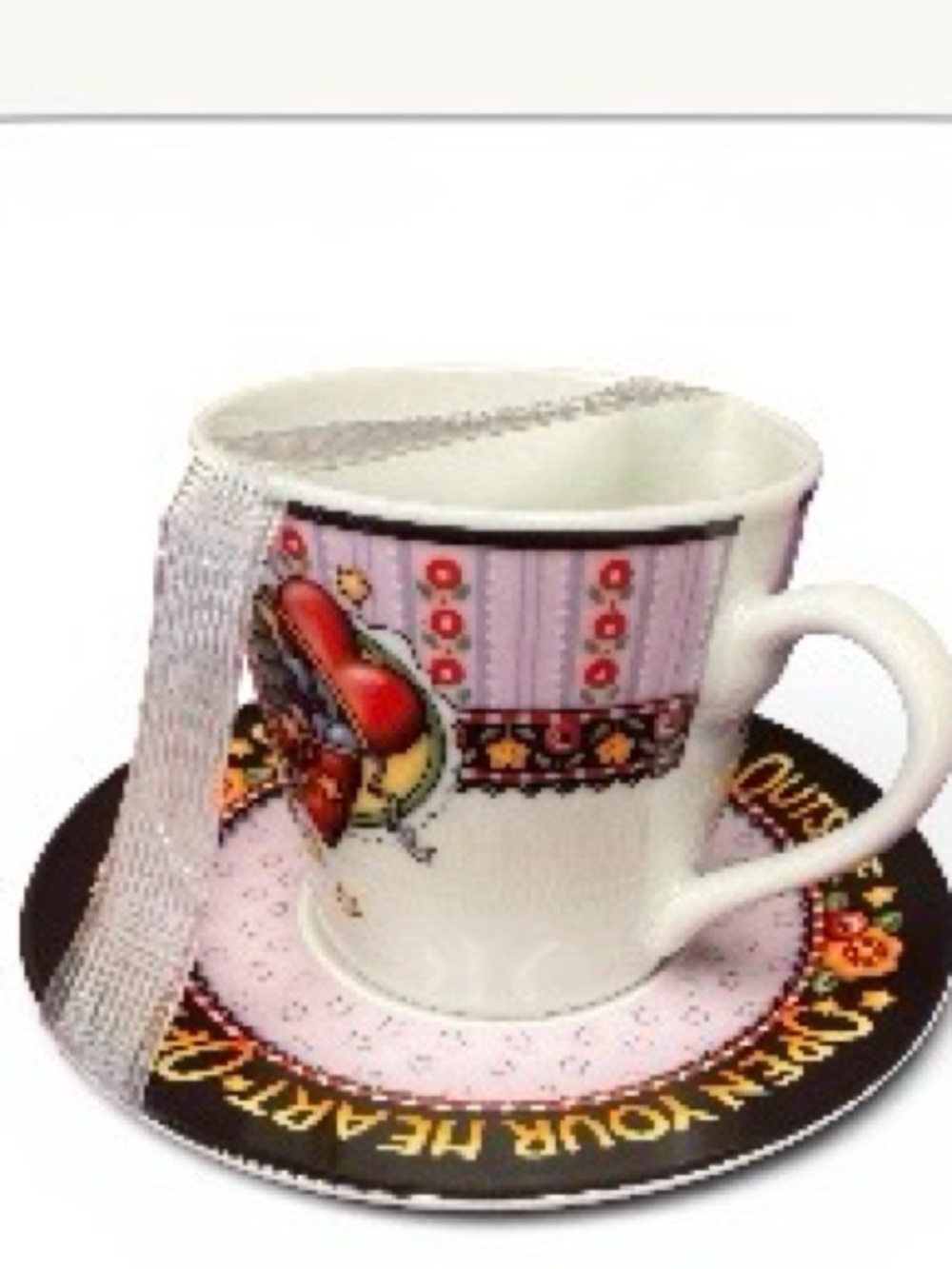 Mary Engelbreit White and Pink Decorative Tea Cup and Saucer